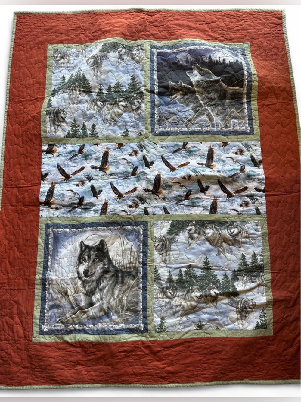 Wildlife Wolf & Eagle Print Quilted Throw Blanket - Rust
